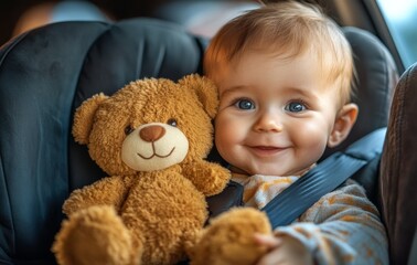 Happy baby sitting in a car seat with a stuffed animal Teddy bear, soft toy smiling and looking at the camera.