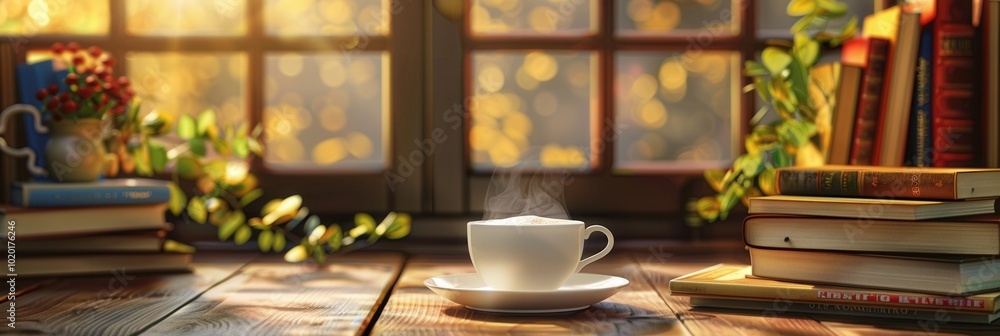 Poster the warm atmosphere invites relaxation, with a steaming cup of coffee alongside an array of books by
