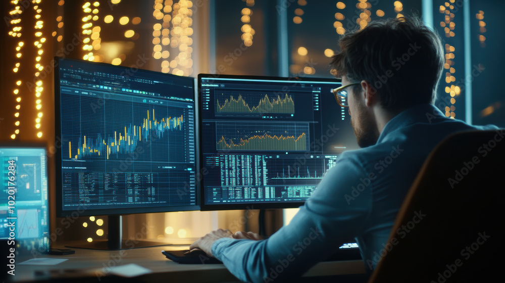 Poster man analyzing financial reports on multiple computer screens, immersed in data visualization and mar