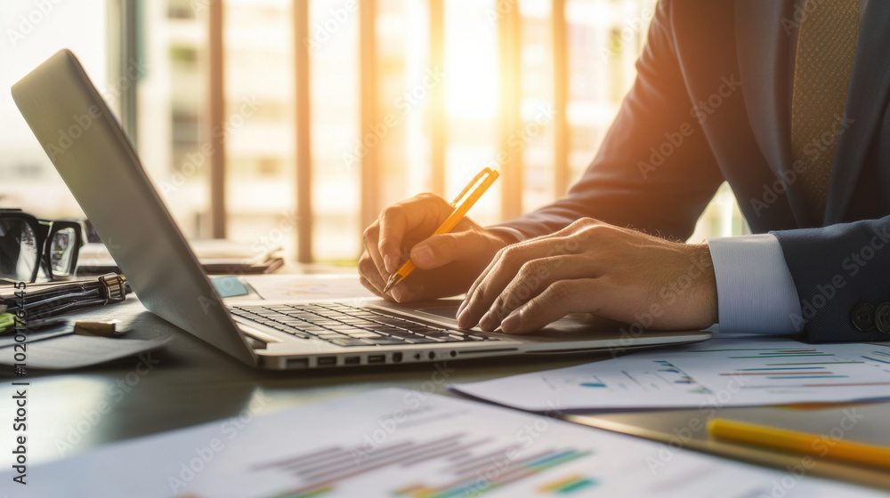 Aufkleber man typing on laptop while taking notes in modern office setting, surrounded by documents and charts