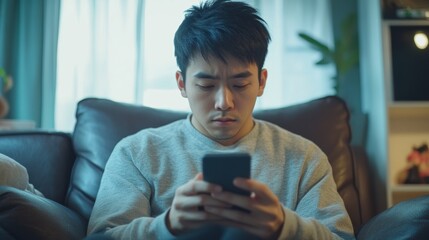 Fototapeta premium Young Asian Man Sitting on Sofa in Dimly Lit Room Looking at Smartphone with Serious Expression