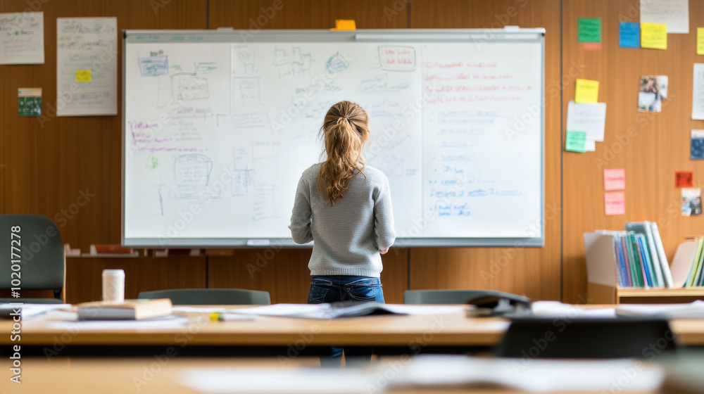 Poster person standing in front of flip chart in classroom, engaged in thought and analysis. environment is