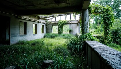 Fototapeta premium derelict architecture abandoned dusty and overgrown building