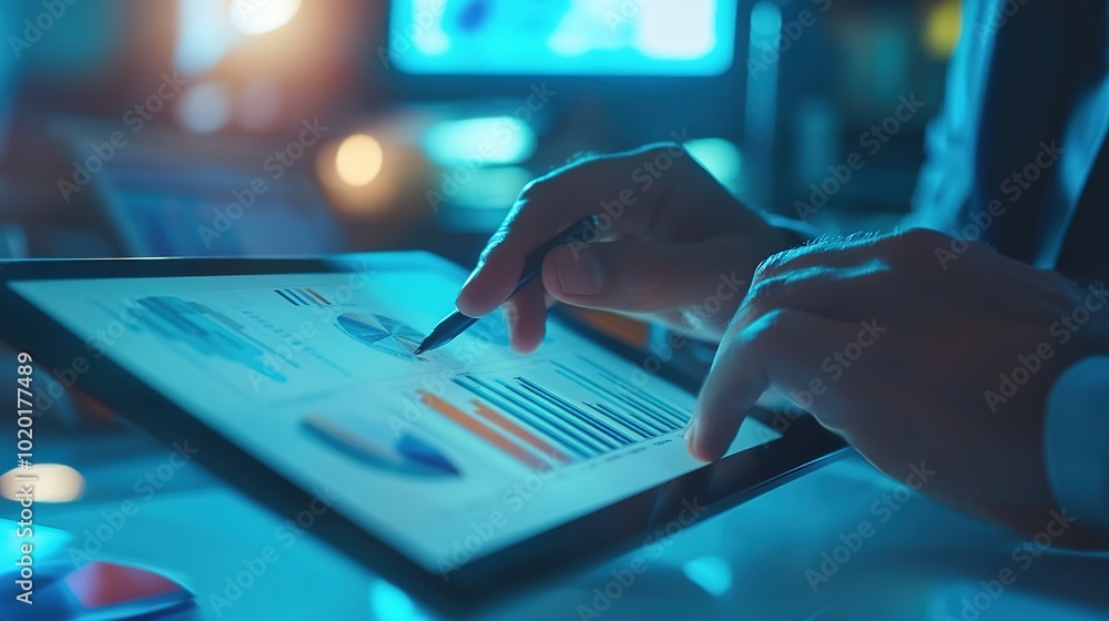 Poster analyzing data on tablet with charts and graphs