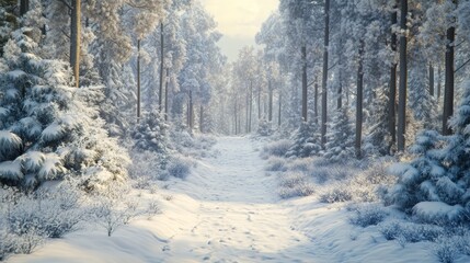 Obraz premium Snowy Forest with a Path Through Frost-Covered Trees on a Winter Day