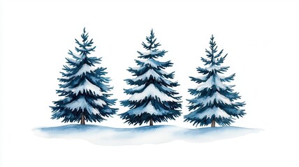 Fototapeta premium Three snow-covered evergreen trees stand serene against a white background, capturing the essence of winter's beauty.