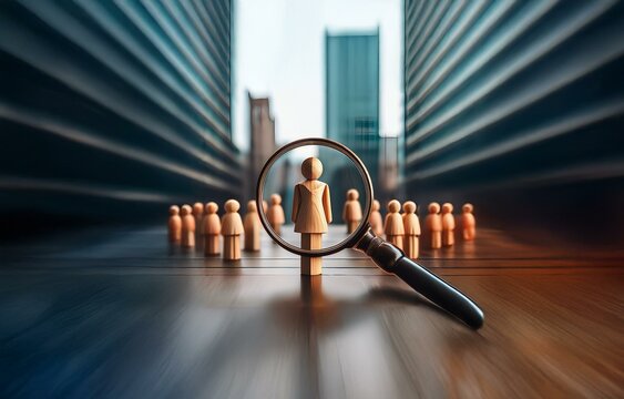 A wooden figure is magnified by a magnifying glass, standing out from a group of similar figures in front of a cityscape backdrop.