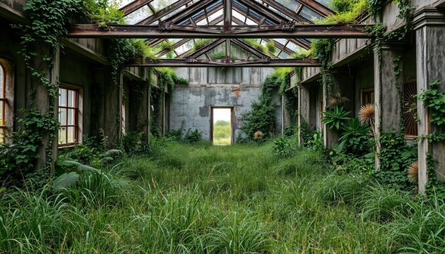 derelict architecture abandoned dusty and overgrown building
