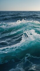 Fototapeta premium Close-up of ocean waves with blue-green water and frothy foam under sunlight