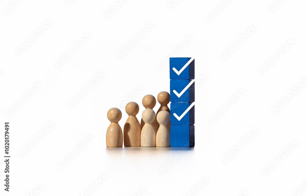 Aufkleber wooden figures stand in a row facing a stack of blue blocks with white checkmarks.