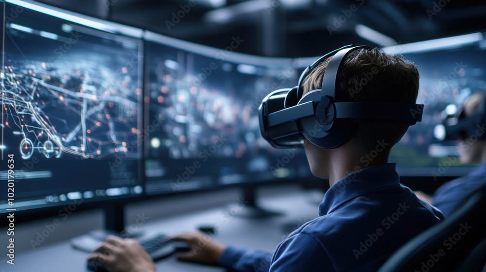 Poster immersive virtual reality technology is being utilized for training, showcasing focused individual w