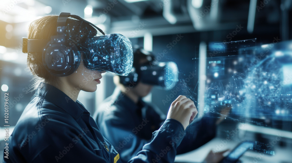 Poster immersive virtual reality technology is being utilized for training, showcasing individuals engaged 