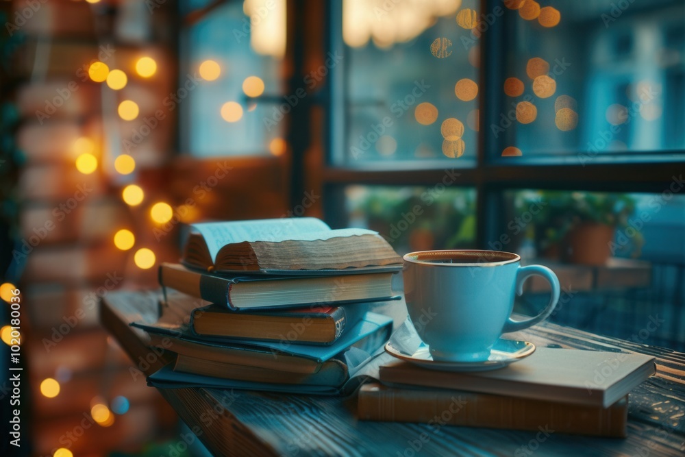Aufkleber a stack of books rests on a wooden table beside a steaming cup of coffee, inviting patrons to unwind