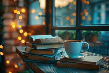 A stack of books rests on a wooden table beside a steaming cup of coffee, inviting patrons to unwind in a warm atmosphere. Generative AI