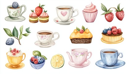 Vintage Tea Party with Watercolor Cups Flowers in Pastel Colors
