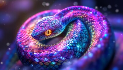 Obraz premium Neon Magical Snake with Spiral Patterns Bright Glowing Colors