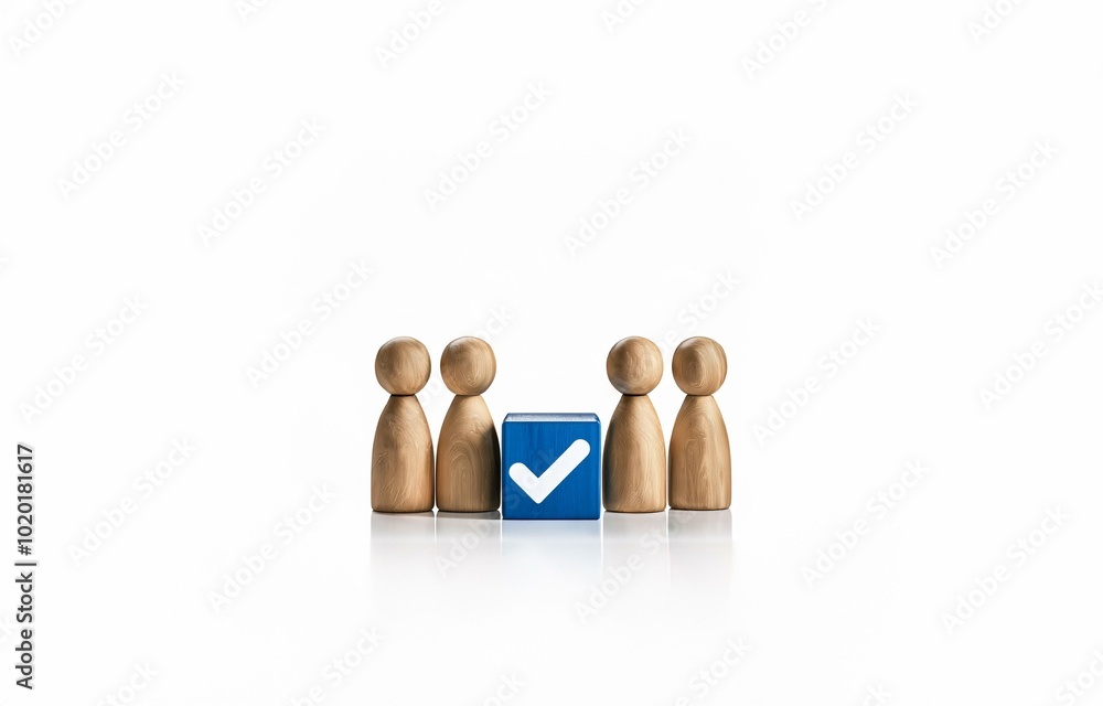 Poster four wooden figures stand in a row, two on each side of a blue block with a white checkmark on it.