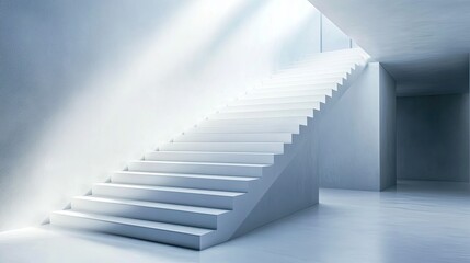 A modern white staircase with sleek design, leading up to a well-lit open space.