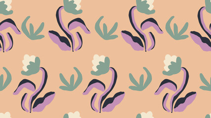 Retro Geometric background with Collage Flowers. Floral vintage interior surface design