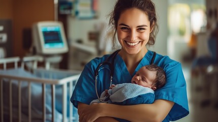 In a warm maternity ward, a nurse lovingly cradles a newborn, exemplifying care and tenderness while ensuring the baby's comfort and safety