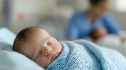 A newborn baby swaddled in a soft blanket is sleeping soundly in the maternity ward, while a caregiver quietly tends to another infant in the background