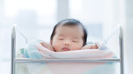 A newborn baby lies peacefully in a crib, wrapped in soft blankets. The serene atmosphere of the maternity ward highlights the tender moment of early life and new beginnings
