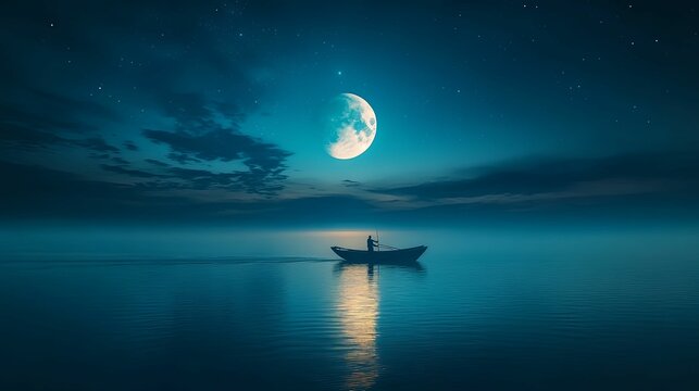 Solitary Figure Rowing a Boat Under a Crescent Moon and Starry Sky