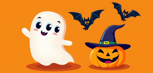 Fototapeta premium Adorable Ghost Pumpkin Witch Hat Halloween Bats