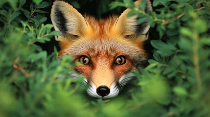 Obraz premium A red fox peeking through dense green foliage, its eyes sharp and alert in the wilderness.