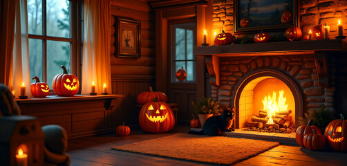 Obraz premium Cozy Halloween Cabin Fireplace Pumpkins Cat