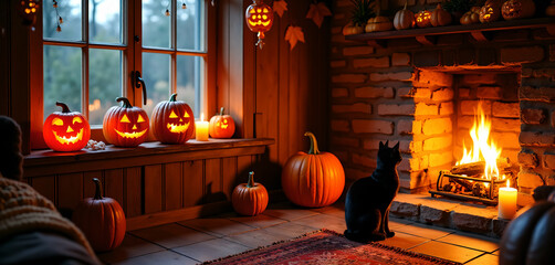 Obraz premium Rustic Halloween Fireplace Pumpkins Cat