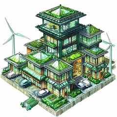 Eco-Friendly City with Electric Vehicles and Wind Turbines