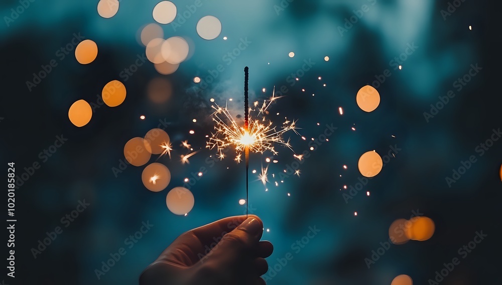 Poster hand holding a sparkler against a bokeh background of warm lights.