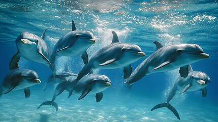 Naklejka premium A group of dolphins swimming gracefully underwater in a clear ocean.