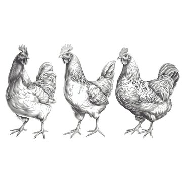 Chicken farm, home patica. Vintage engraving from 1800, set of elements isolated on white background for design, print, showcase, banner, packaging.