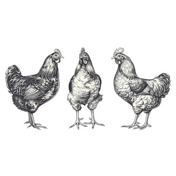 Chicken farm, home patica. Vintage engraving from 1800, set of elements isolated on white background for design, print, showcase, banner, packaging.