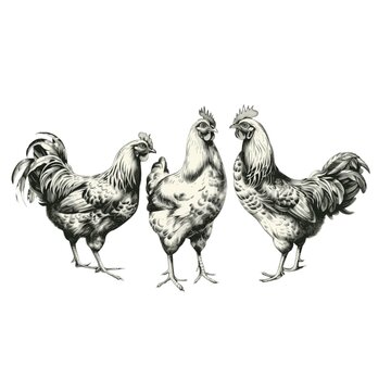 Chicken farm, home patica. Vintage engraving from 1800, set of elements isolated on white background for design, print, showcase, banner, packaging.