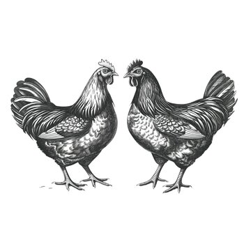 Chicken farm, home patica. Vintage engraving from 1800, set of elements isolated on white background for design, print, showcase, banner, packaging.