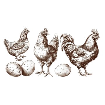 Chicken farm, home patica. Vintage engraving from 1800, set of elements isolated on white background for design, print, showcase, banner, packaging.