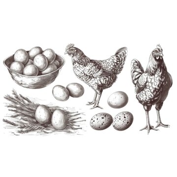 Chicken farm, home patica. Vintage engraving from 1800, set of elements isolated on white background for design, print, showcase, banner, packaging.