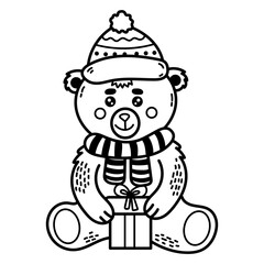 Linear illustration with cute Christmas bear and gift on white background. Coloring Drawing for kids winter design black, line