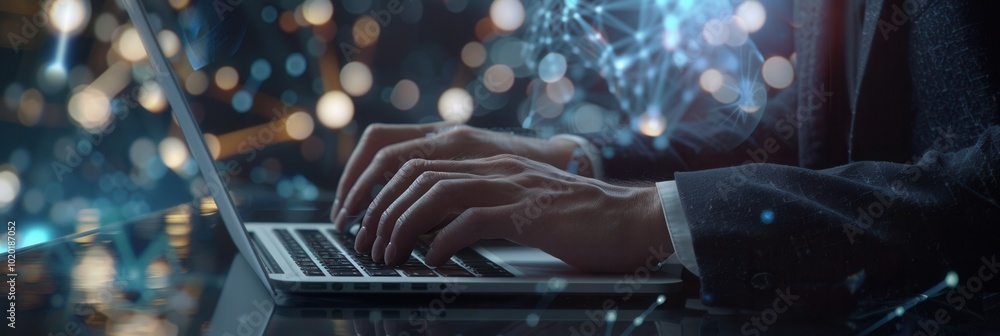 Poster an individual engages with a laptop, implementing strategies to secure sensitive data against cyber 