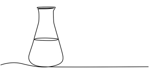 Lab experiment tools in continuous single one line art drawing. Minimalist glassware for laboratory research. Hand drawn vector illustration education and science concept, Chemical lab flask