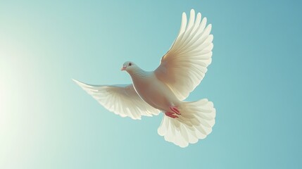Obraz premium A single white dove in flight, wings spread wide against a clear blue sky.