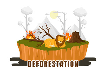 Deforestation Vector Illustration featuring a Felled Forest with Trees Burning, Creating Pollution and Leading to the Extinction of Animals