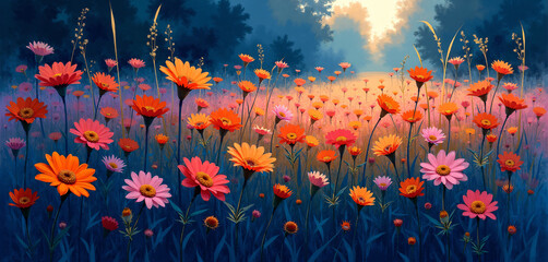 Field of Flowers Sunset Landscape