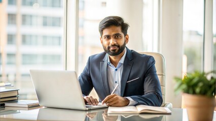 Cropped portrait of an middle aged India man boss working on computer while sitting in his luxury private office table , lot of file, check report project paper