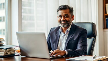 Cropped portrait of an middle aged India man boss working on computer while sitting in his luxury private office table , lot of file, check report project paper