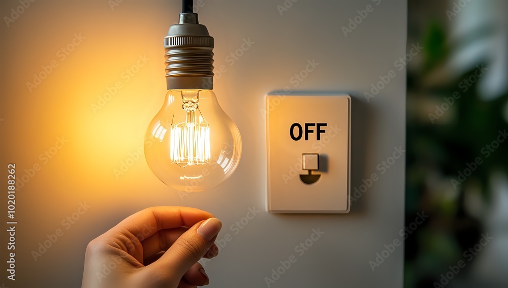 Poster a hand reaches towards a light bulb that is switched off. the light bulb is hanging from the ceiling