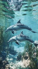 Fototapeta premium Two dolphins swimming gracefully underwater among vibrant plants and clear blue water.
